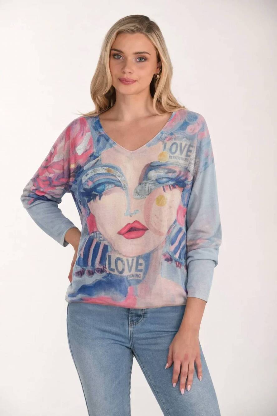 NEW FRANK LYMAN media knit pull over in pink/light blue
